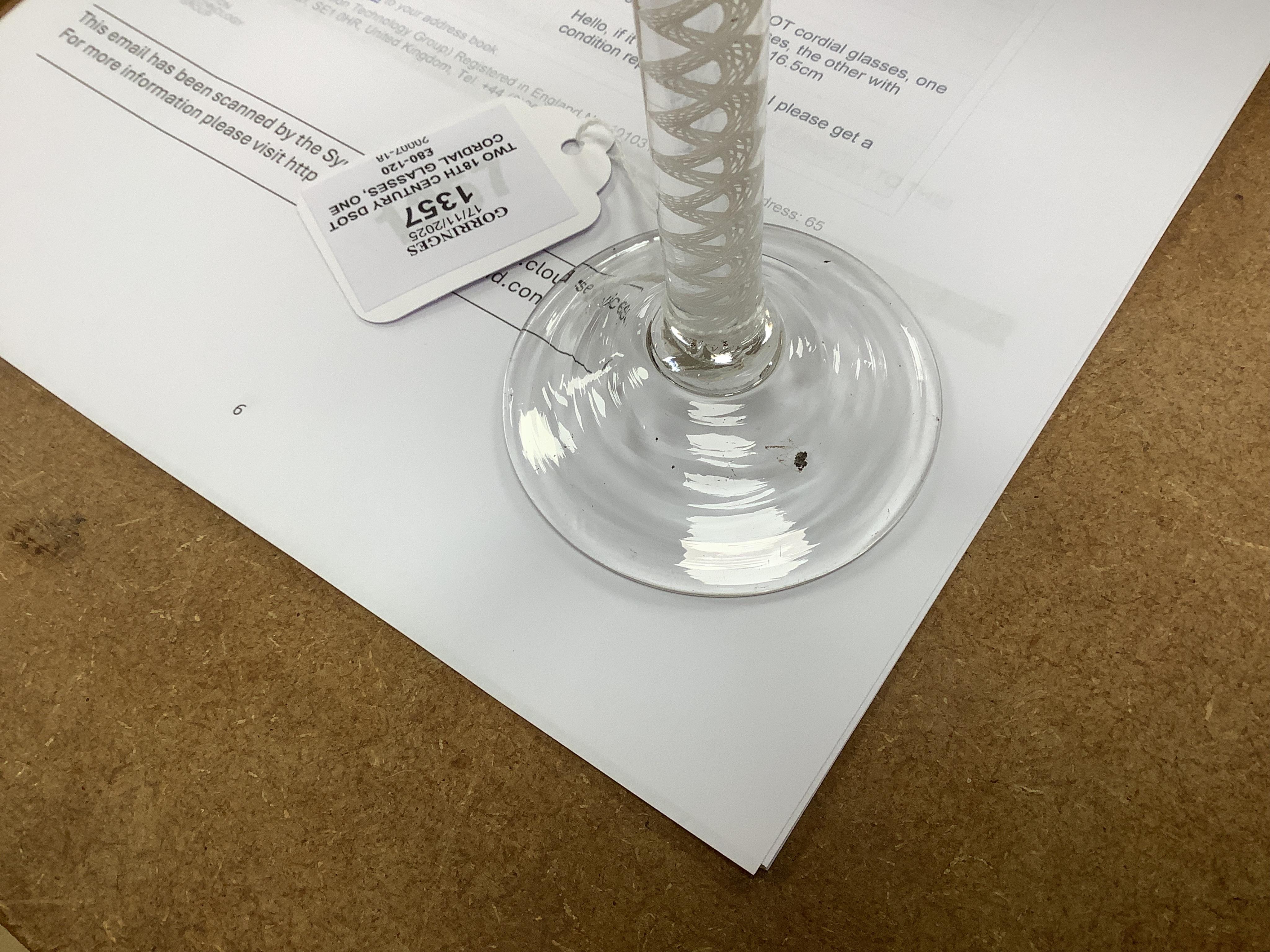 Two 18th century DSOT cordial glasses, one bowl engraved with roses, the other with swag decoration, tallest 16.5cm